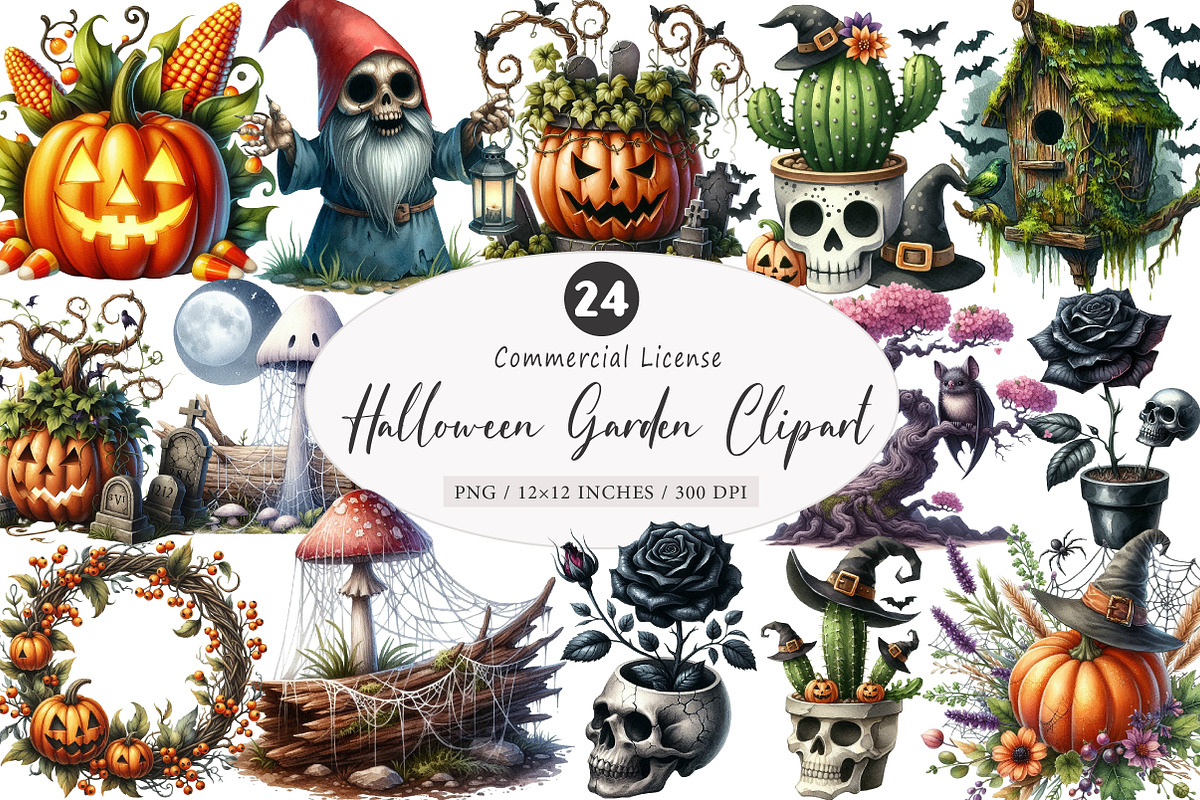 Watercolor Halloween Garden Clipart, an Illustration by SinaCreation (Photo 1 of 5)