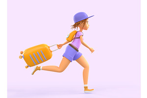 3D Girl Tourist With Suitcase