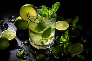 Alcoholic mojito with ice and mint on black background, a Food & Drink Photo by AlyaAnd