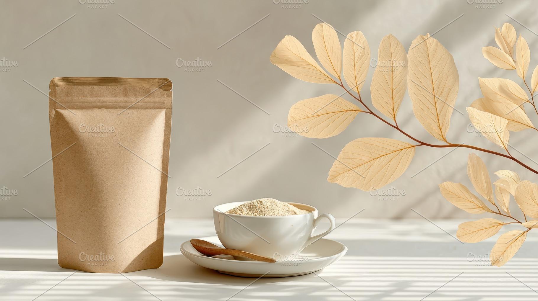 Beige powder in a cup next to a kraf, a Photo by Pixeness Studio