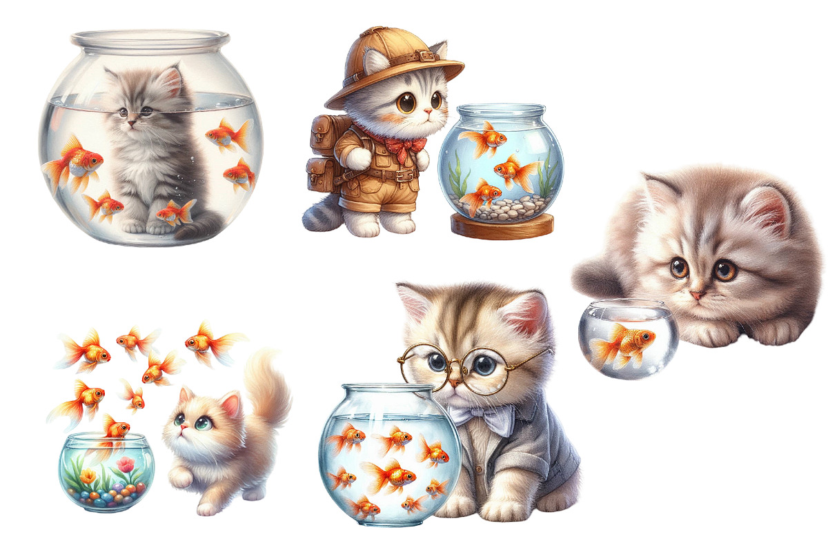 Watercolor Cat and Goldfish Clipart, an Illustration by Designworld (Photo 2 of 3)