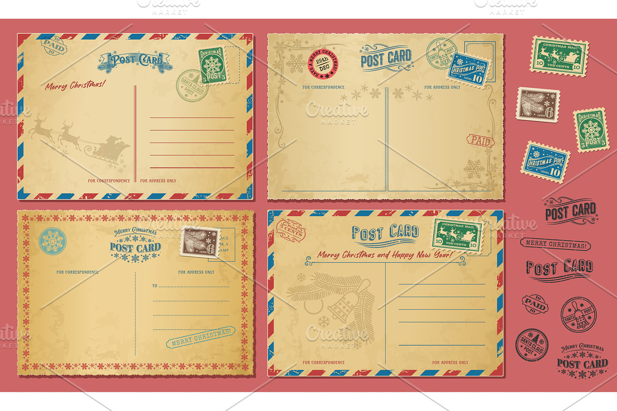 Christmas antique postcards, a Seasonal Illustration by Vector Tradition