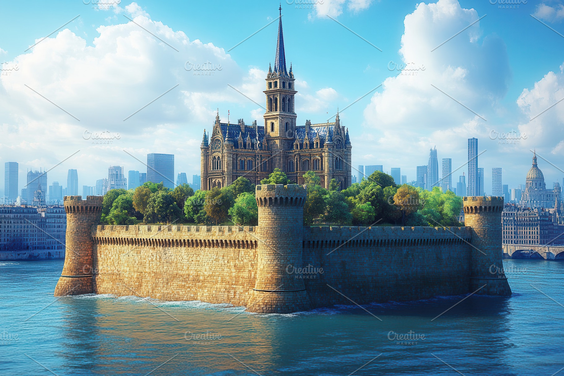 Majestic castle rises from the water, a Photo by Tanuart