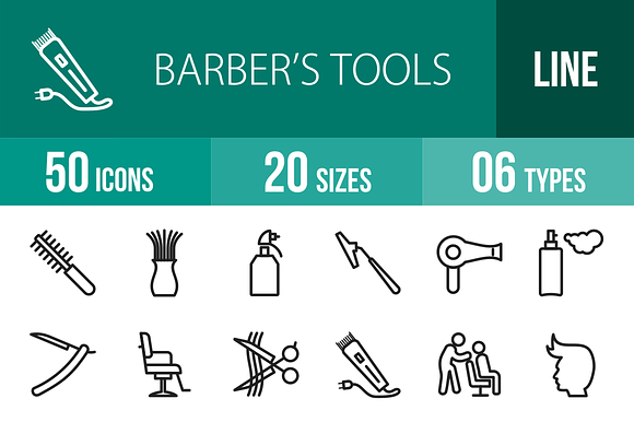 50 Barber’S Tools Line Icons