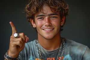 Young Caucasian male with curly hair smiles and gestures with his finger raised, a Background Photo by ImageMir