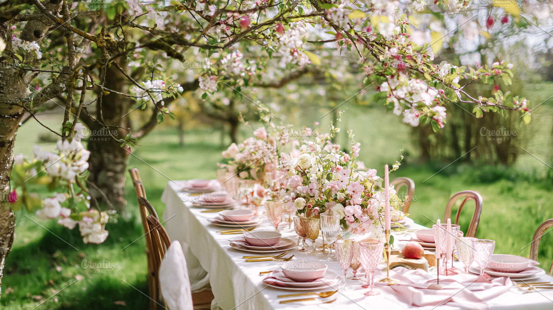 Elegant English Easter tables with daffodils, painted eggs, past, a Holiday Photo by Studio ANNA
