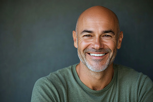 Portrait of middle age bald man on grey background, a Person Photo by AlyaAnd
