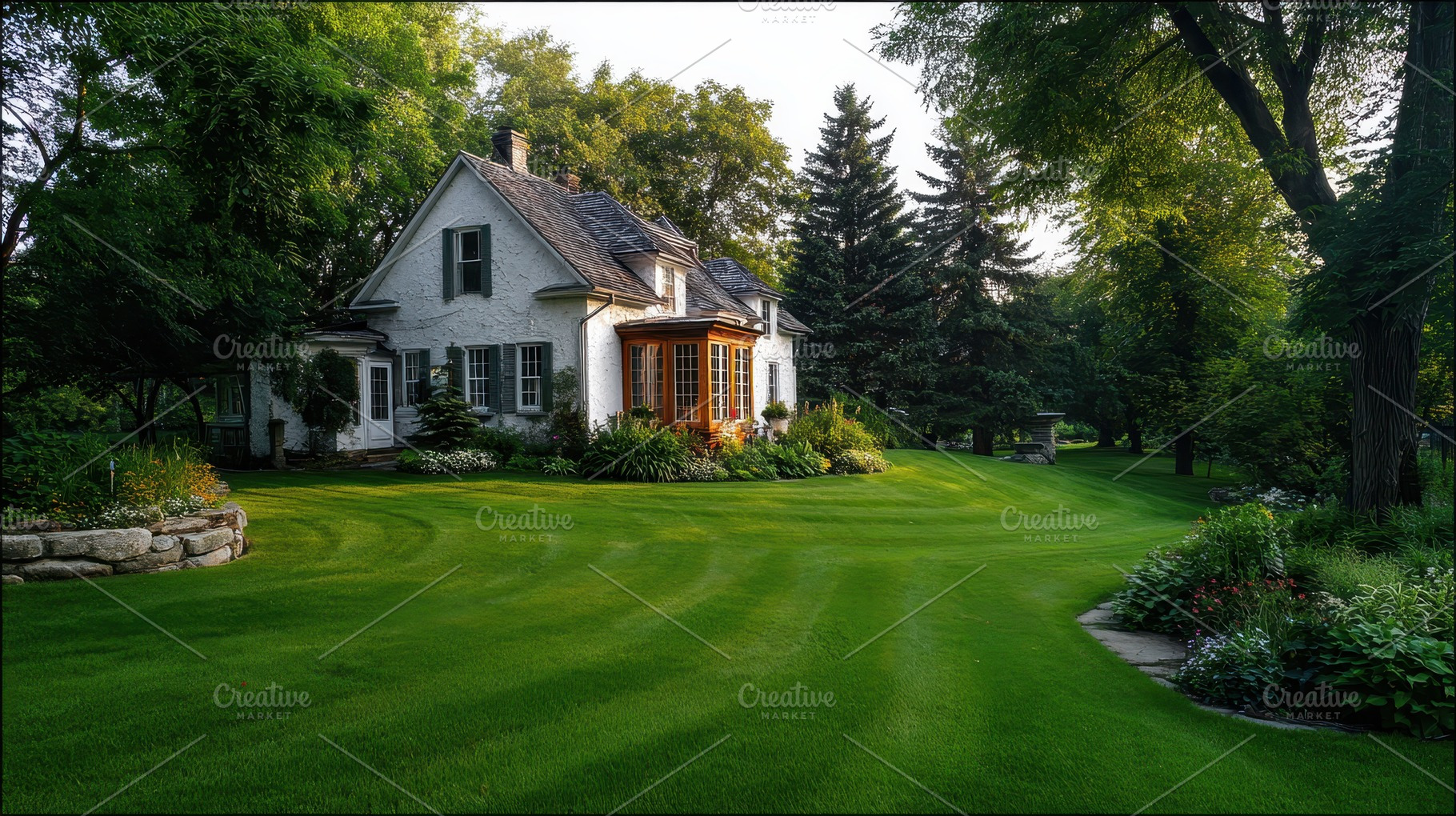 Beautiful green lawn surrounds charm, a Photo by Pavel_design