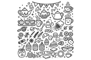 Tea and Coffee Time Doodle Set. Hand