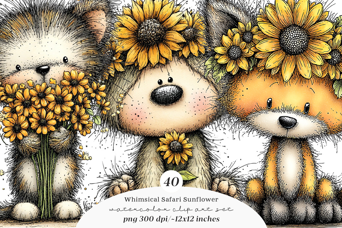 Whimsical safari sunflower clipart, an Illustration by SinaCreation (Photo 1 of 11)
