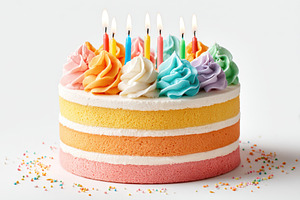 Colorful birthday cake with candles, a Food & Drink Photo by AlyaAnd