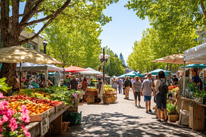 Vibrant farmers market bustling, a Photo by Pavel_design