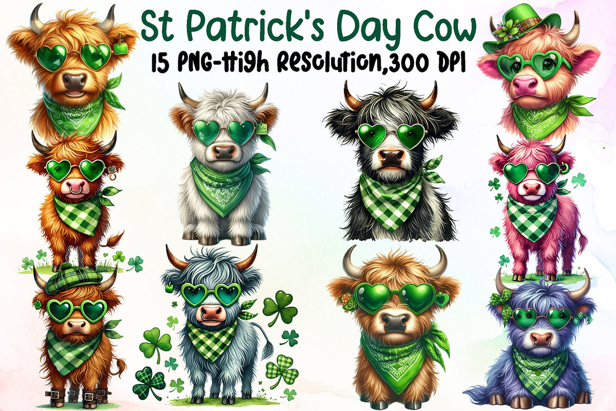 St Patrick's Day Highland Cow Clipar, an Illustration by Sublimation Artist (Photo 1 of 4)