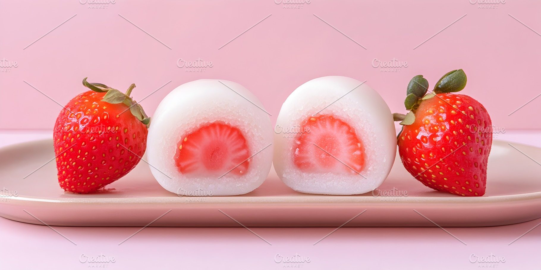 Strawberry mochi dessert on pink plate, a Food & Drink Photo by Photostock