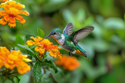 Green violet-ear hummingbird hovering near vibrant orange flowers, a Photo by AS photostudio