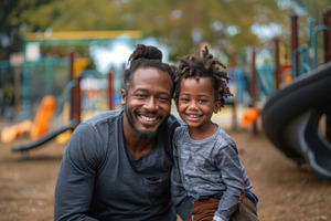 Happy Father and Son Smiling Together at a Playground on a Sunny Day, a Photo by AS photostudio