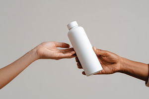 Hands swap a white bottle, a Photo by Beautiful things