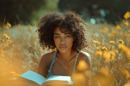 Charming African Girl with Natural Makeup Reading a Book in a Flower Field, a Photo by AS photostudio