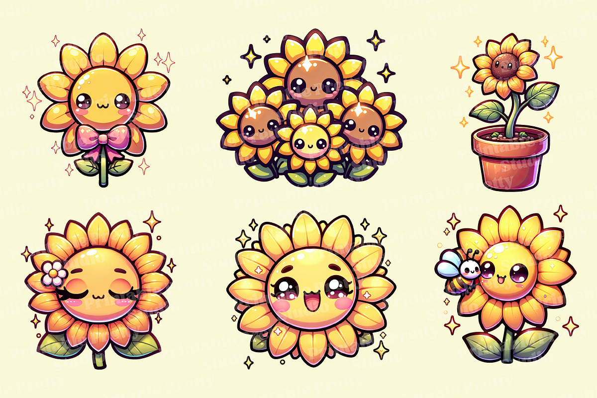 Kawaii Sunflower Clipart PNG Set, an Object Illustration by Printable Pretty Studio (Photo 3 of 4)