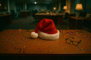 santa hat on office desk, generative AI, a Photo by Nito