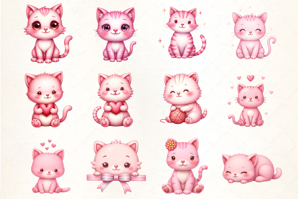 Cute Little Pink Cat Watercolor Clip, an Illustration by CrexoraLab (Photo 2 of 5)