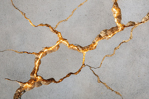 Pale gray concrete with intricate cracks revealing a golden shimmer from beneat, a Background Photo by AlyaAnd
