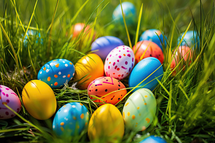 Colorful easter eggs on green grass, a Holiday Photo by AlyaAnd