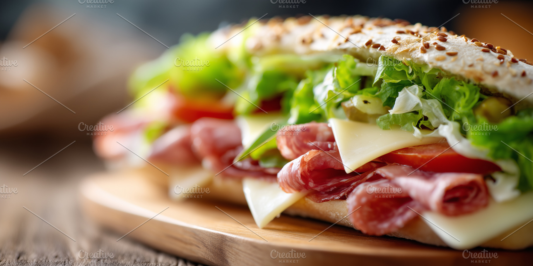 Fresh gourmet sandwich with salami, a Food & Drink Photo by MistyDay
