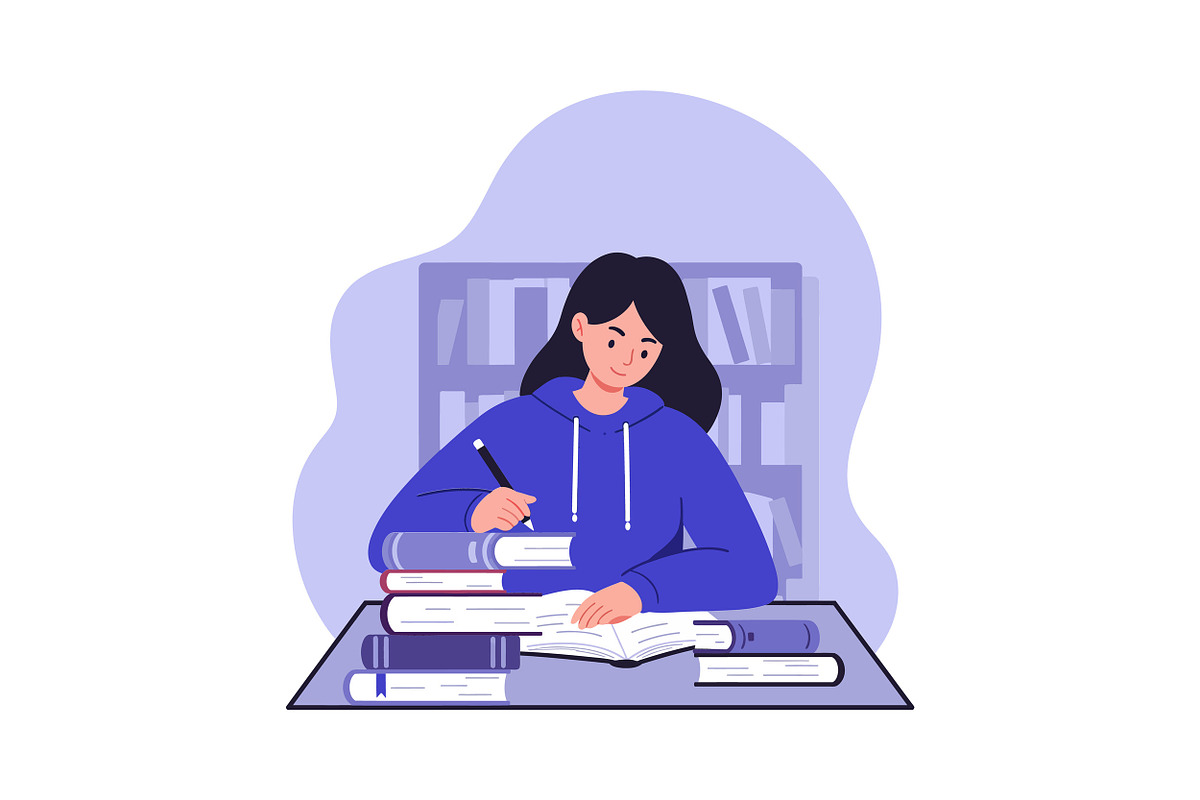 A young woman studying intently at a, an Illustration by designvectx