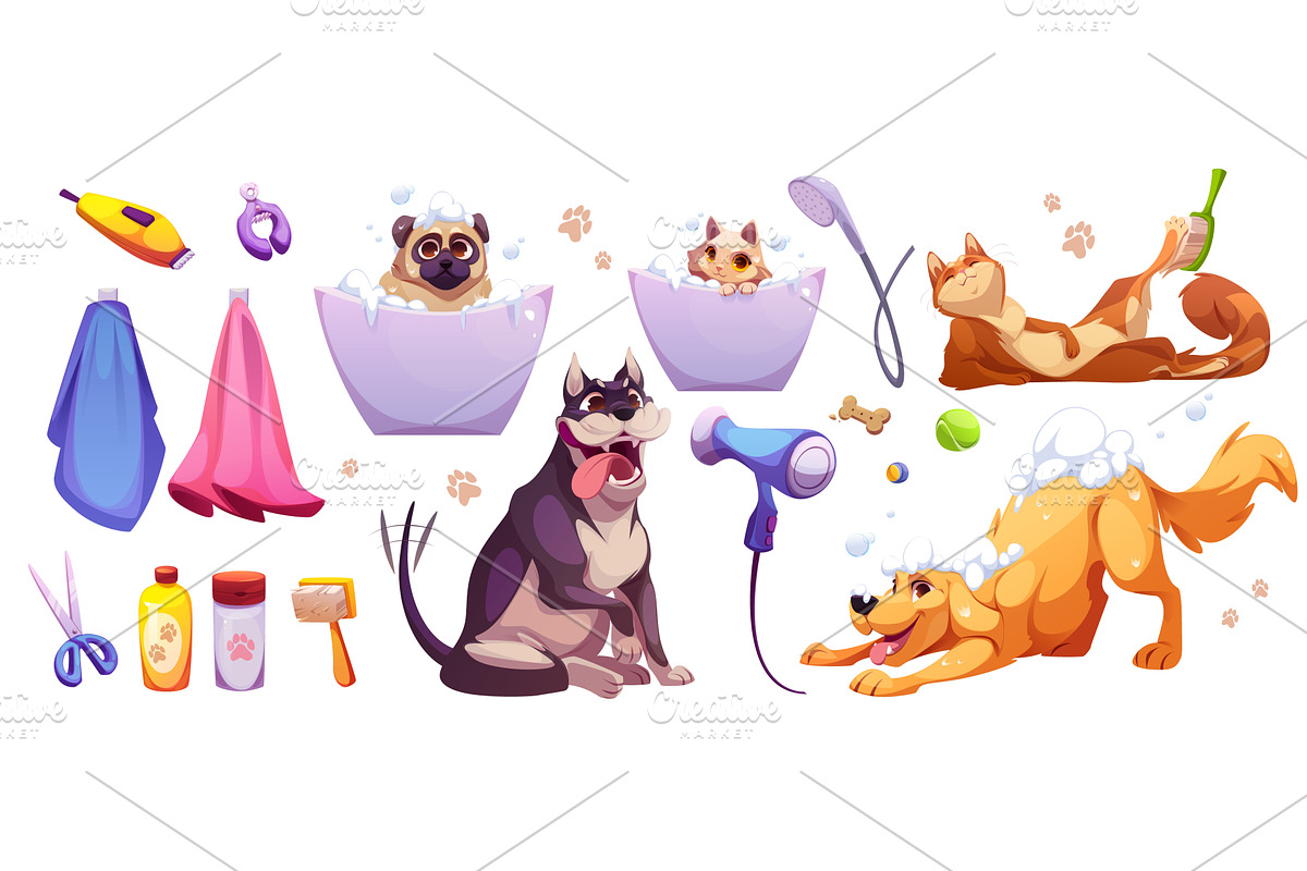 Grooming cartoon pets with bathing, an Animal Illustration by art PVP - market
