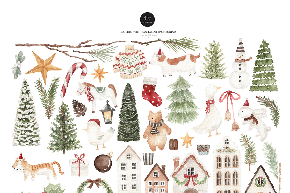 Watercolor Christmas-TINY VILLAGE, a Decorative Illustration by Beigetime (Photo 3 of 10)