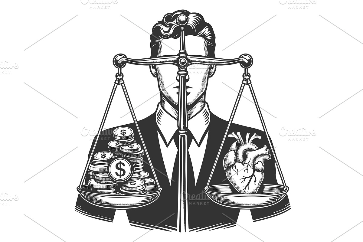 Man balancing money and heart on, a Person Illustration by AlexArt