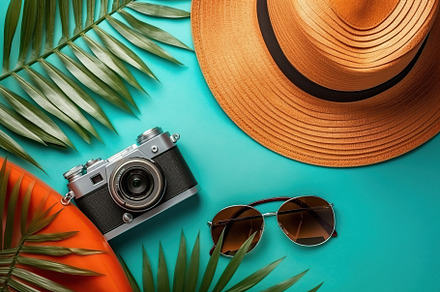 Summer hat with sunglasses, retro camera and palm leafs. Summer time concept. G, a Beauty & Fashion Photo by AlyaAnd
