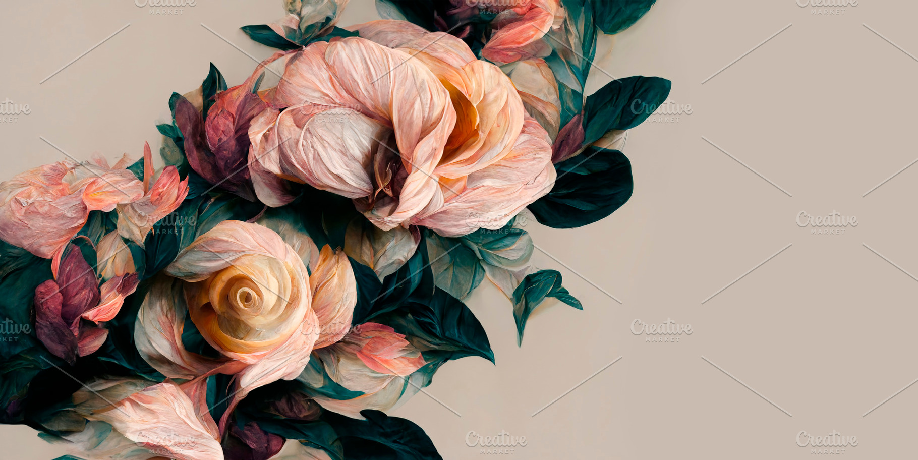 Pastel roses bouquet frame in baroque style on pink background., a Nature Photo by hitdelight