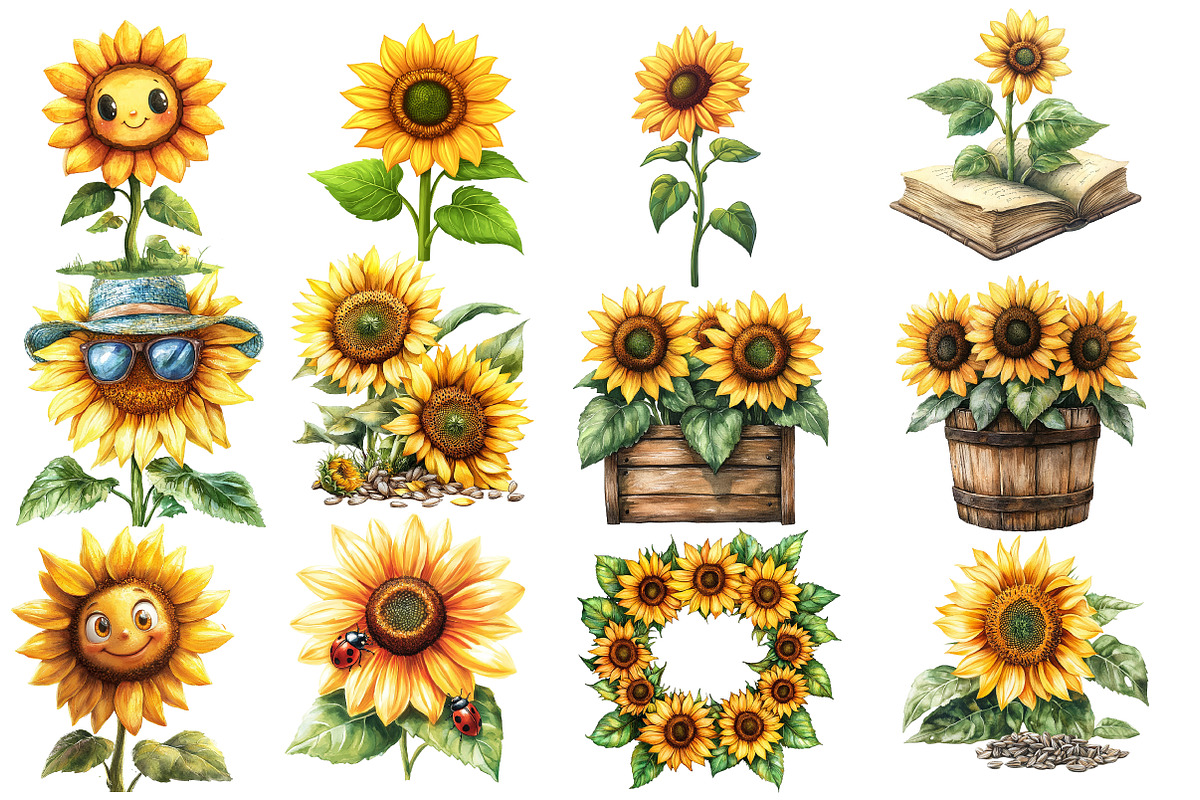 Watercolor Summer Sunflower Clipart, an Illustration by Designworld (Photo 4 of 5)