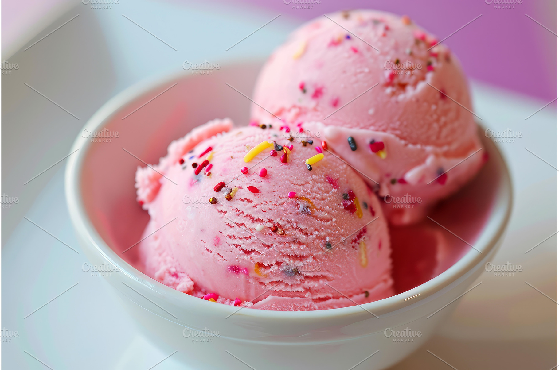 Strawberry ice cream scoops in bowl, a Background Photo by Ylivdesign