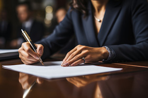 Female Defense Attorney Writing Legal Documents in an Office Setting, a Photo by AS photostudio