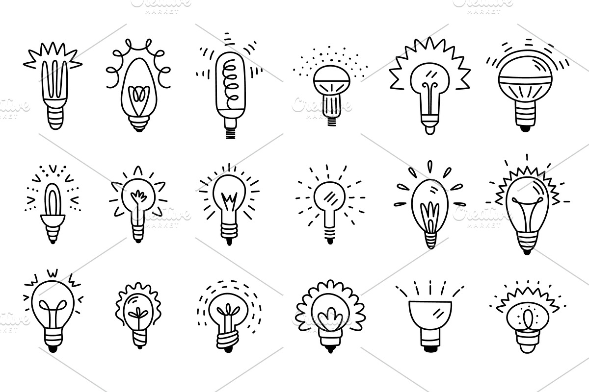 Doodle idea bulbs. Lamp bulb with, an Object Illustration by LadadikArt