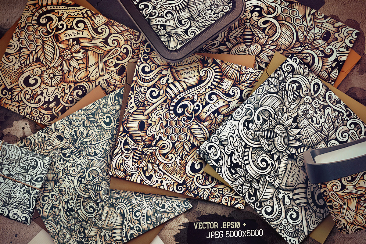 Honey Graphics Doodles Patterns, a Food Illustration by BALABOLKA (Photo 2 of 6)