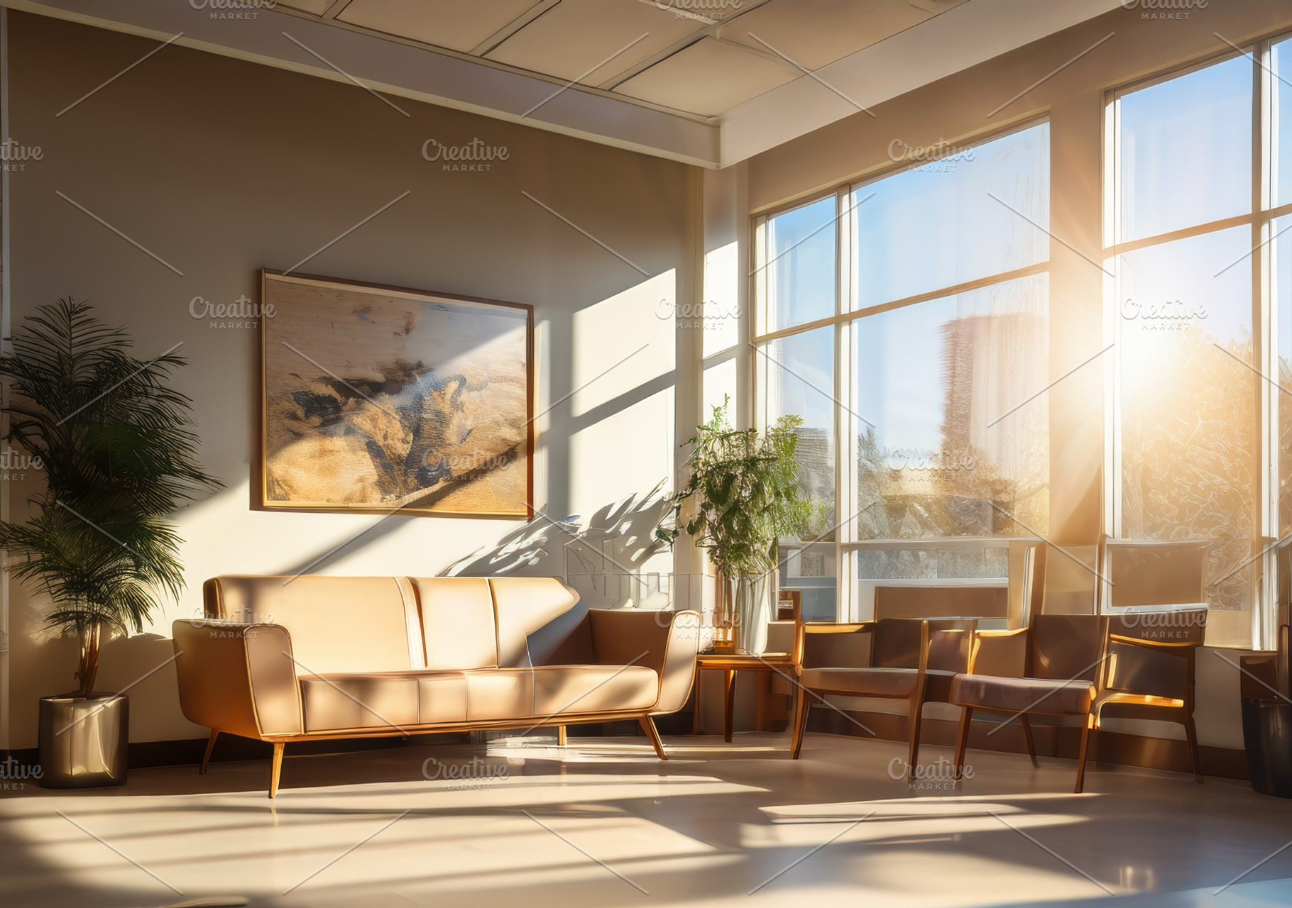 Beige office waiting room interior, a Background Photo by Fascinadora
