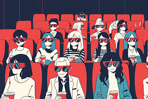Animated crowd enjoying 3D movie experience in comfortable cinema seating, an Illustration by AS photostudio