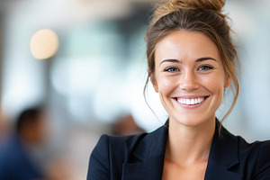 Young woman smiling confidently, a Business Photo by MistyDay