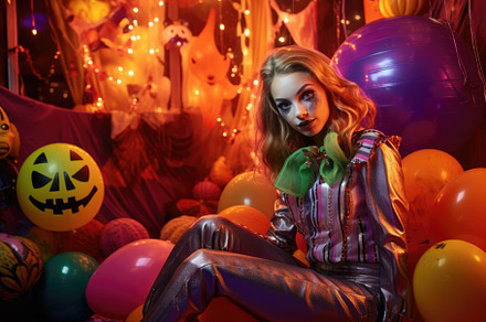Beautiful woman with scary makeup for a Halloween - themed party, a Holiday Photo by designvectx