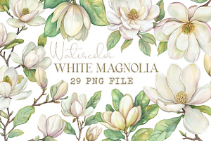 White Magnolia Watercolor Clipart, an Illustration by Libby Wishes