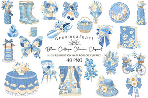 Blue Cottage Charm Clipart Set, an Illustration by DreamCafeArt
