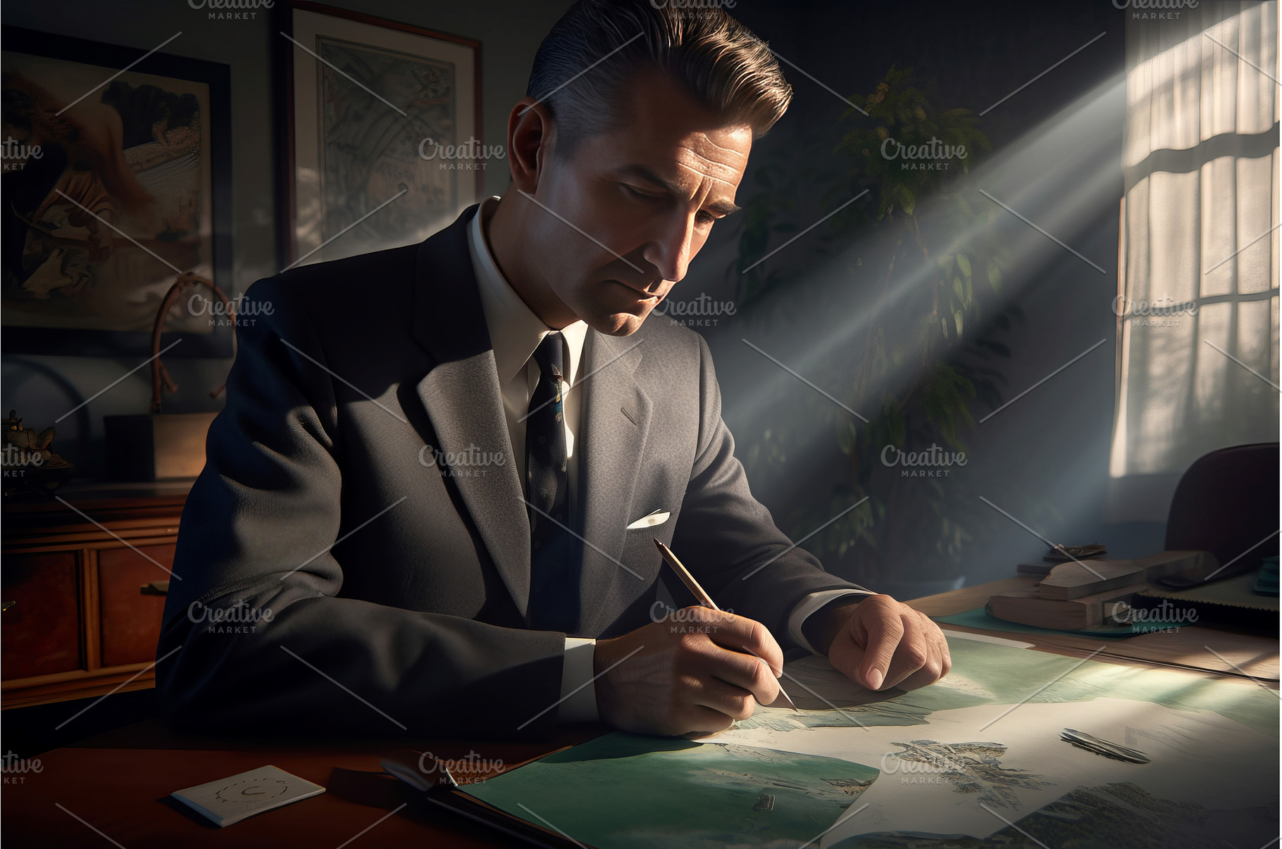 Man in suit writing at the table, a Business Photo by Ylivdesign
