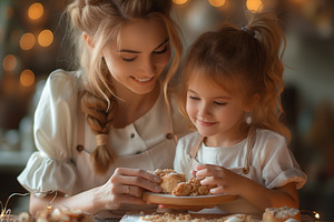 Smiling Caucasian mother and daughter enjoying freshly baked cookies in a cozy,, a Person Photo by ImageMir