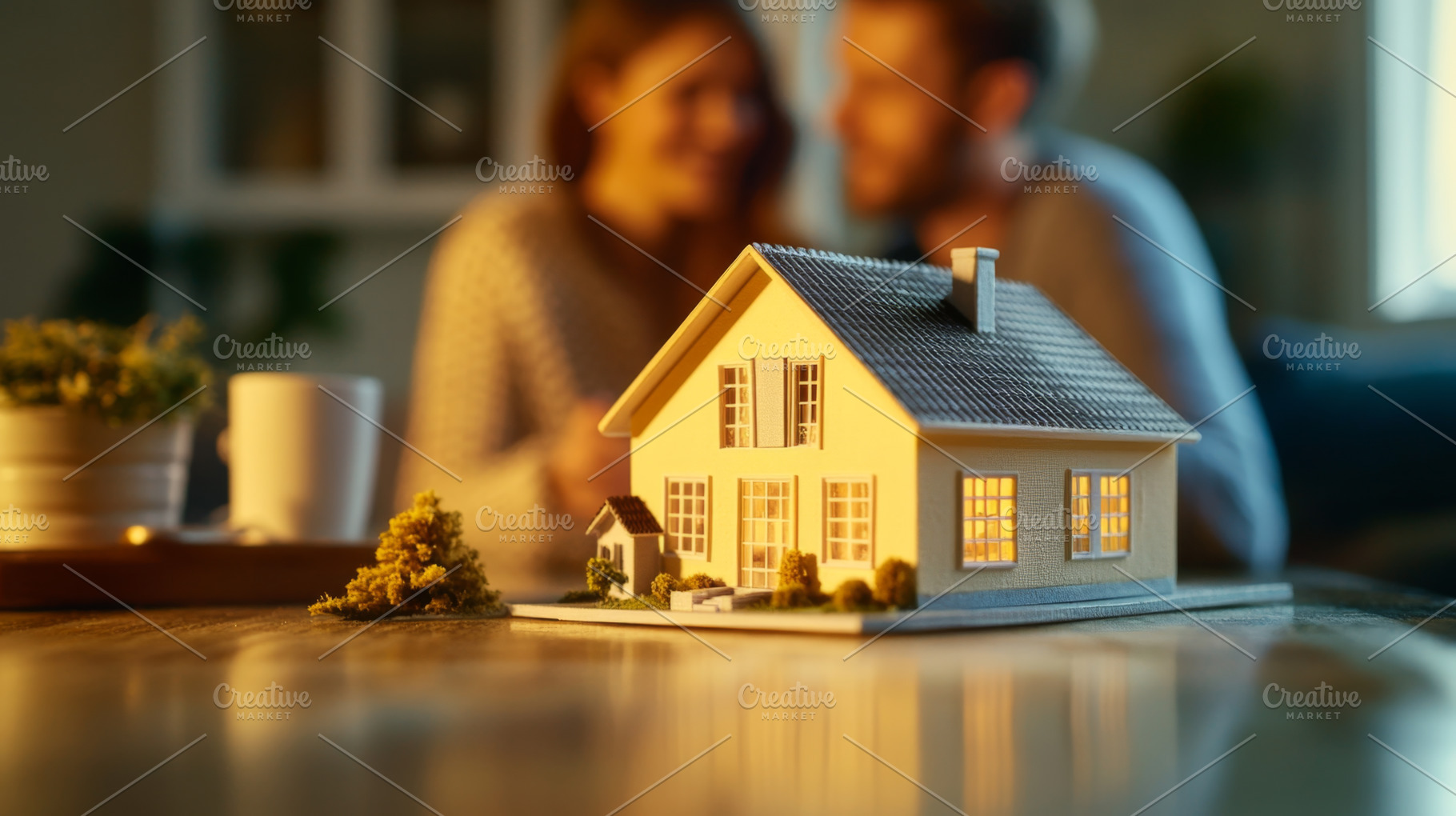 Cozy Model House at Dusk with Couple Embracing in Background, an ...