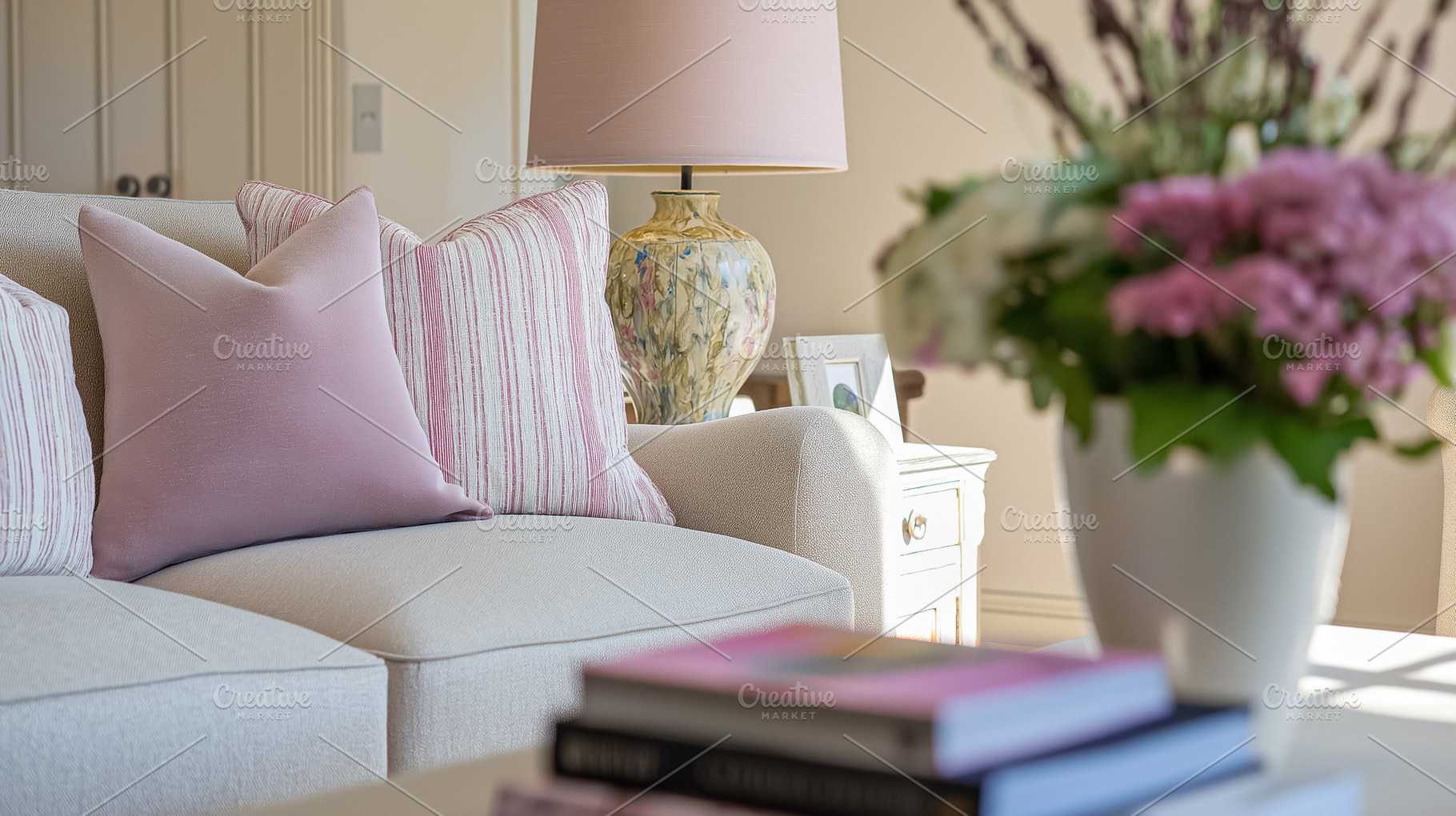 Living room sofa with pink accent pillows, floral lamp, and fresh flowers creat, an Architecture Photo by Studio ANNA