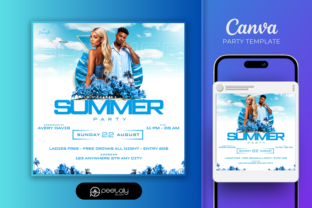 Blue Summer Flyer Canva Template, a Flyer Template by PeetalyStudioDesigns (Photo 1 of 5)